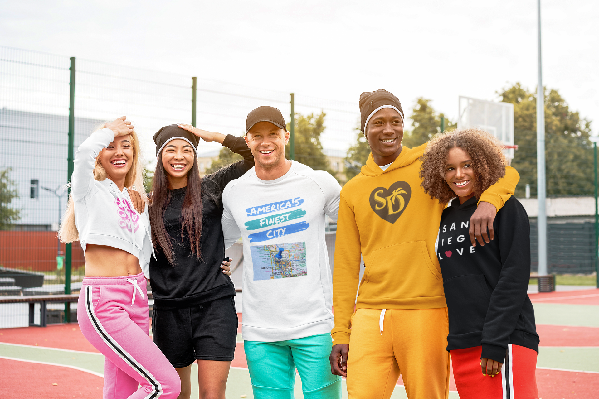 Group of friends having fun wearing San Diego Love sweatshirts and hoodies.