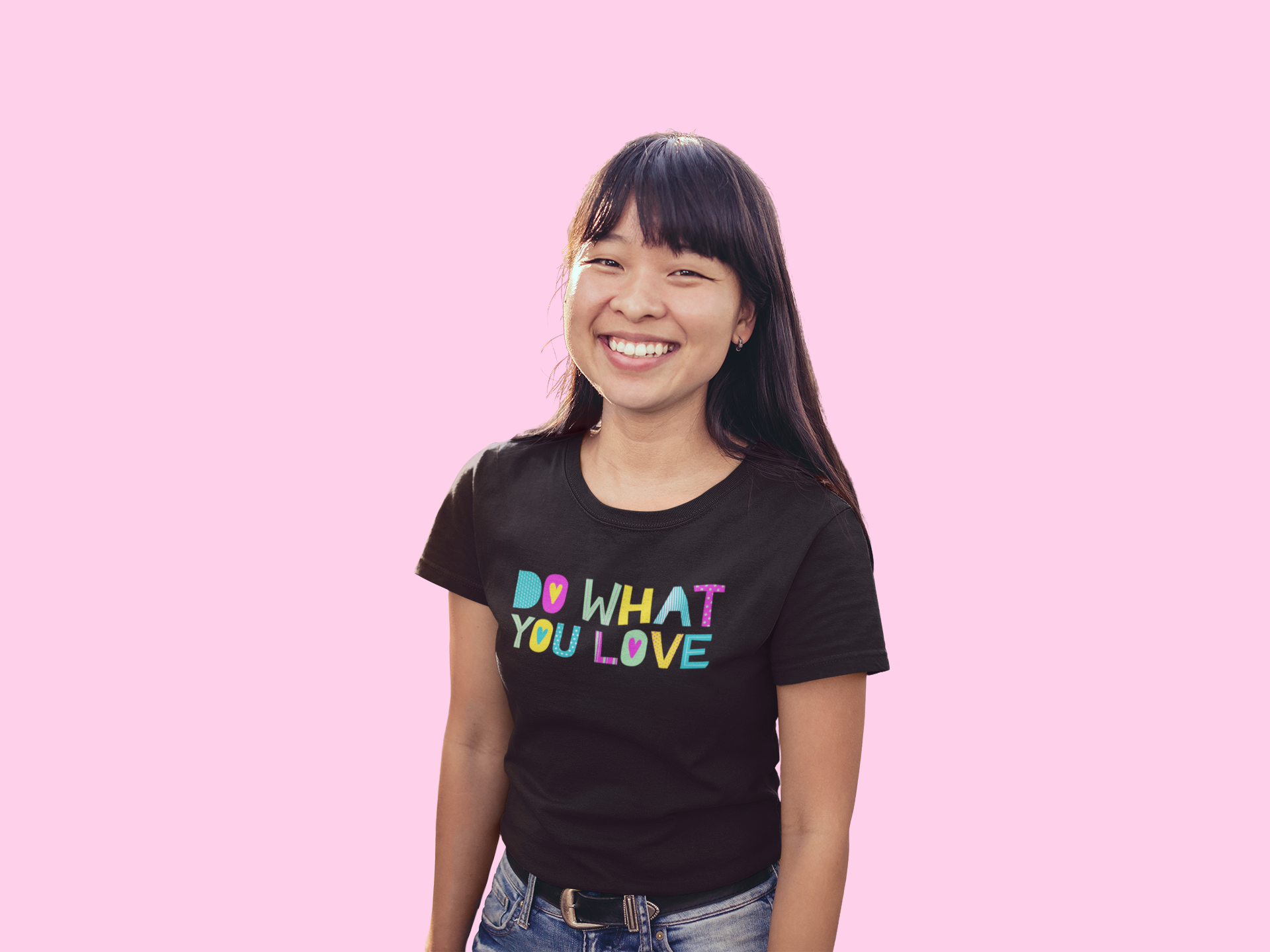 Smiling Asian woman wearing Do What You Love t-shirt