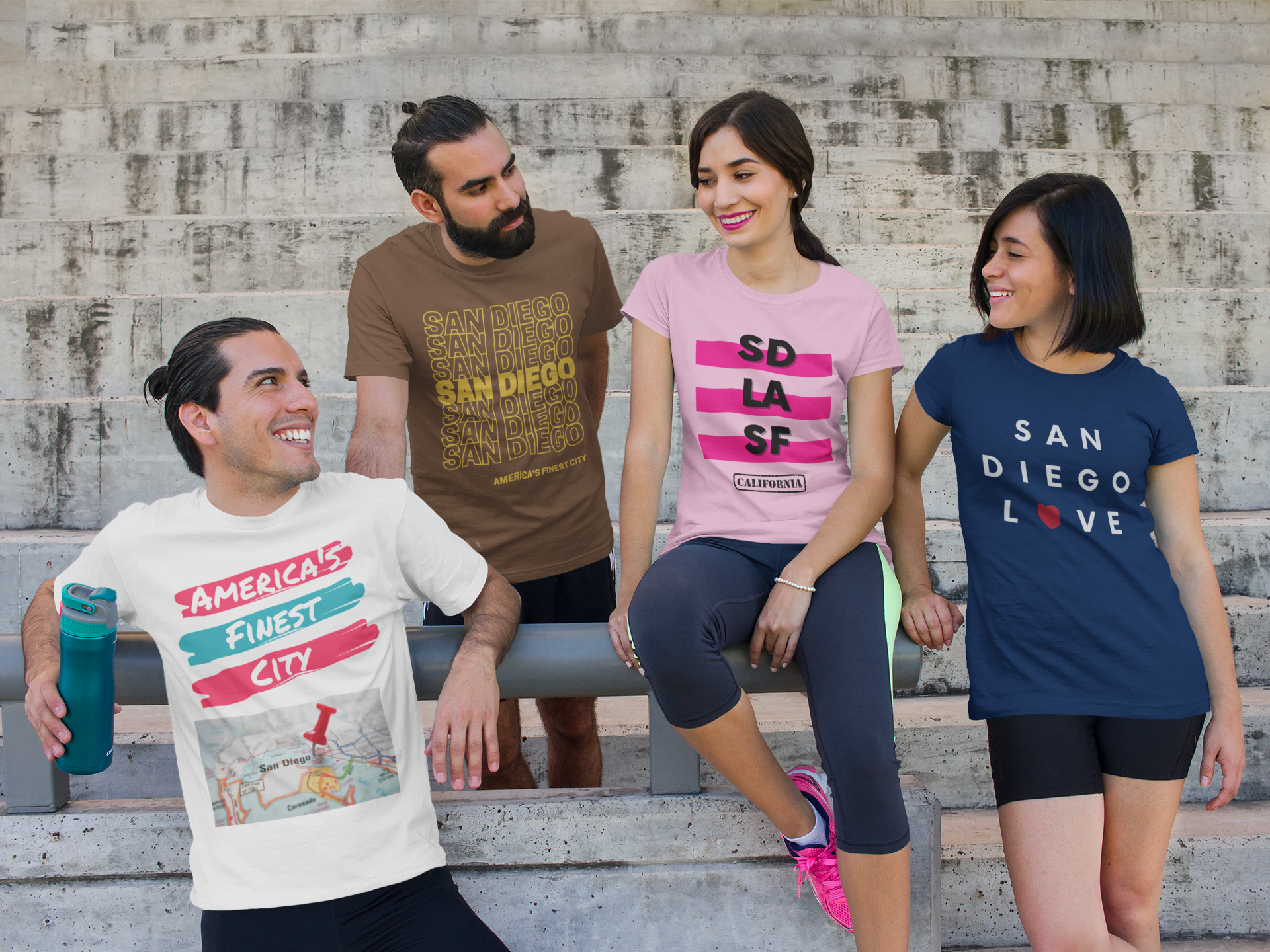 Friends working out outside wearing San Diego t-shirts.