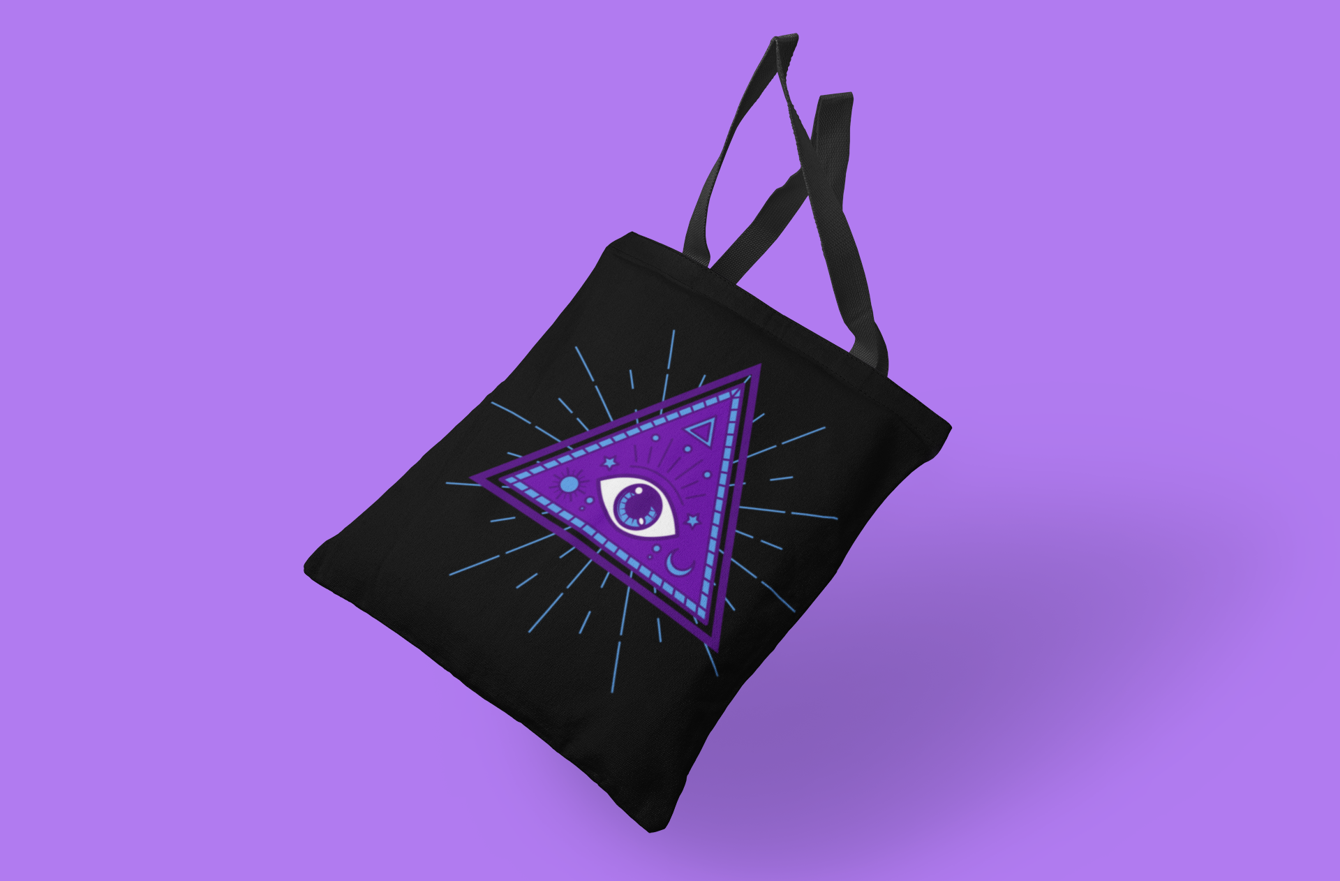Black and purple third eye tote bag.