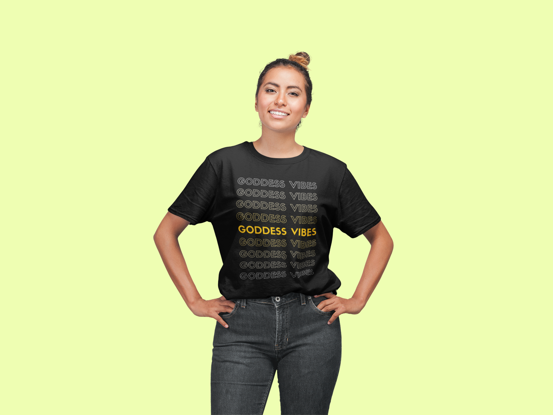 Proud Latina women posing wearing Goddess Vibes t-shirt.