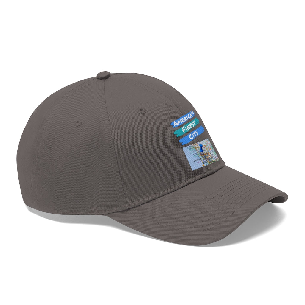 America's Finest City Twill Hat, San Diego Map Cap (Unisex) (Multiple Colors Avail)