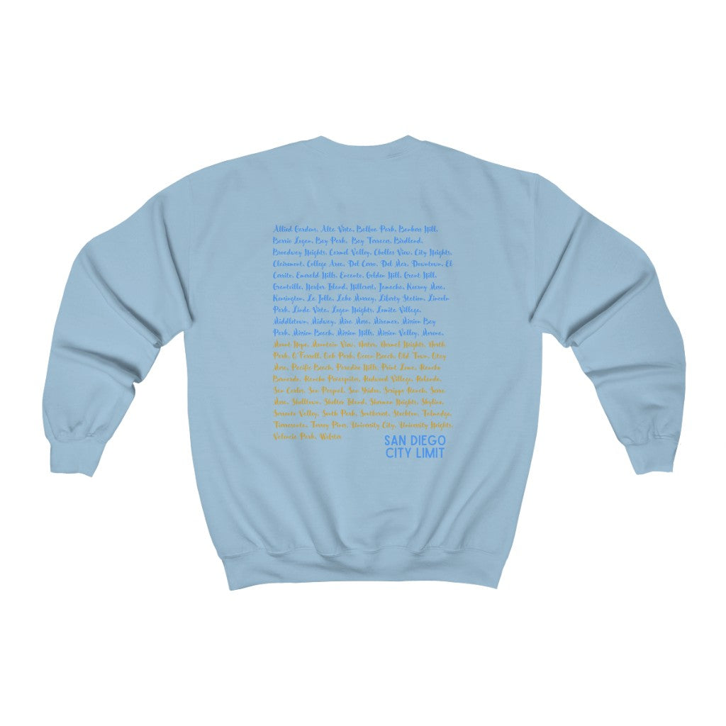 San Diego Neighborhoods Sweatshirt | SD Areas on back (Baby Blue)