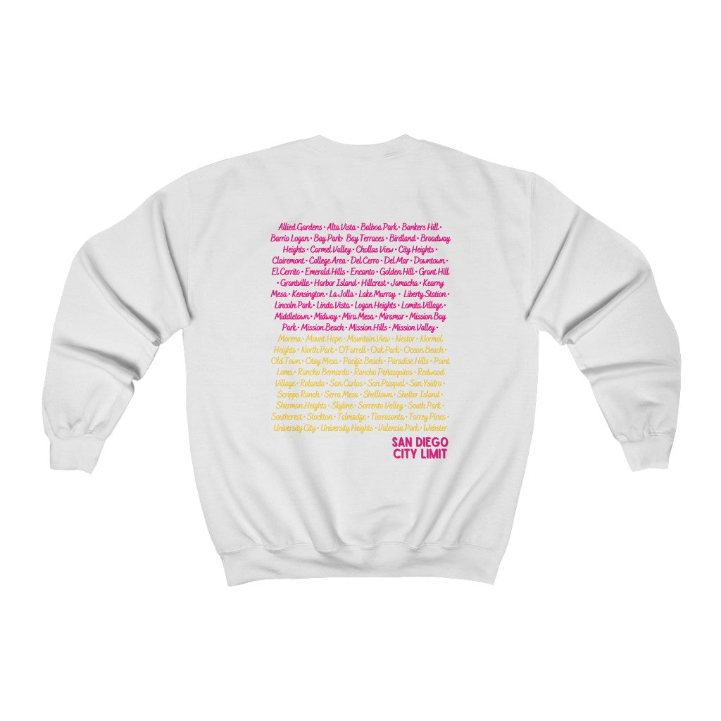 San Diego City Limit Sweatshirt | SD Areas on back (Pink)