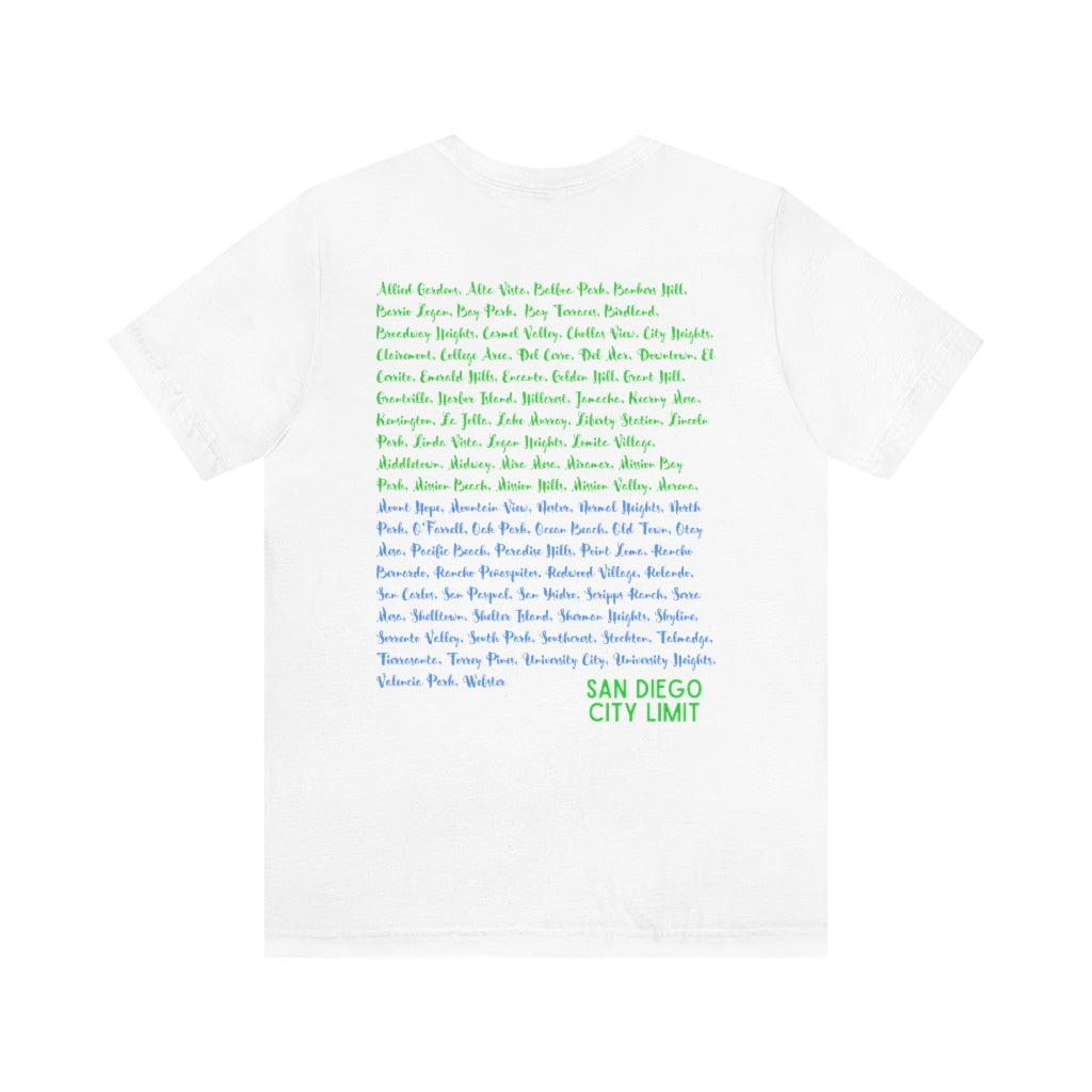 San Diego Neighborhoods Tee | SD Areas on Back (Lime Green)