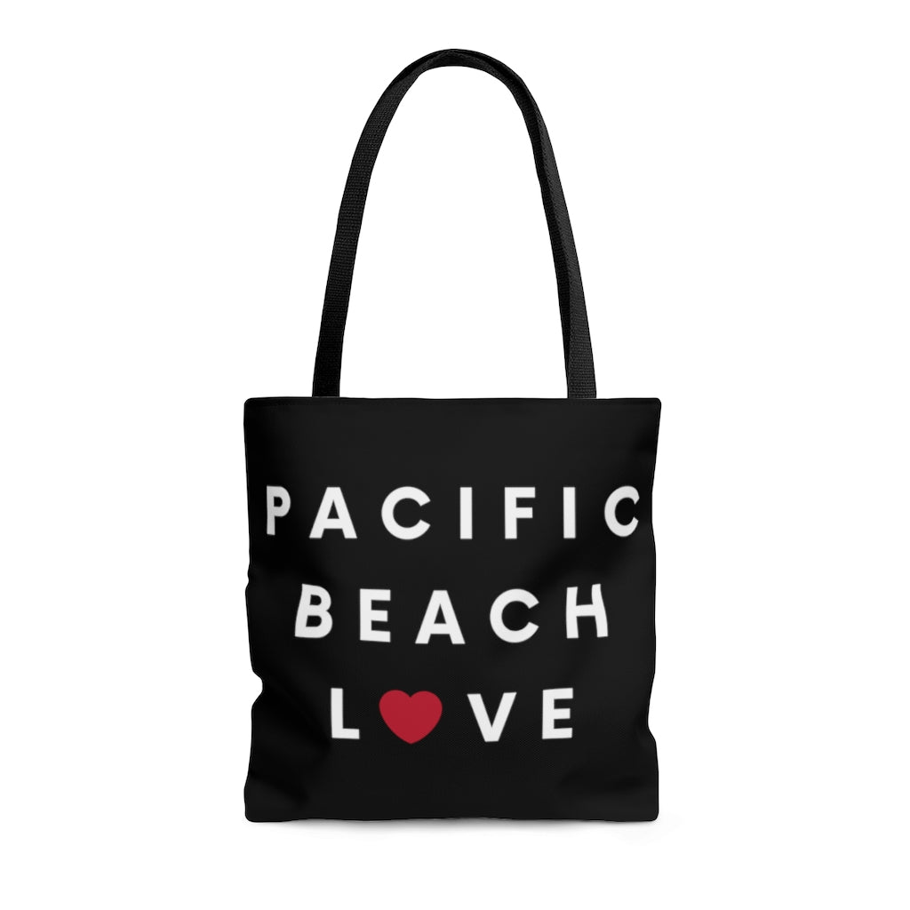 Pacific Beach Love Black Tote Bag, San Diego Neighborhood Beach Bag