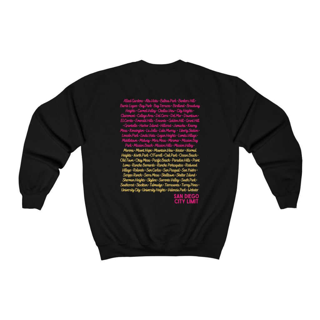 San Diego City Limit Sweatshirt | SD Areas on back (Pink)