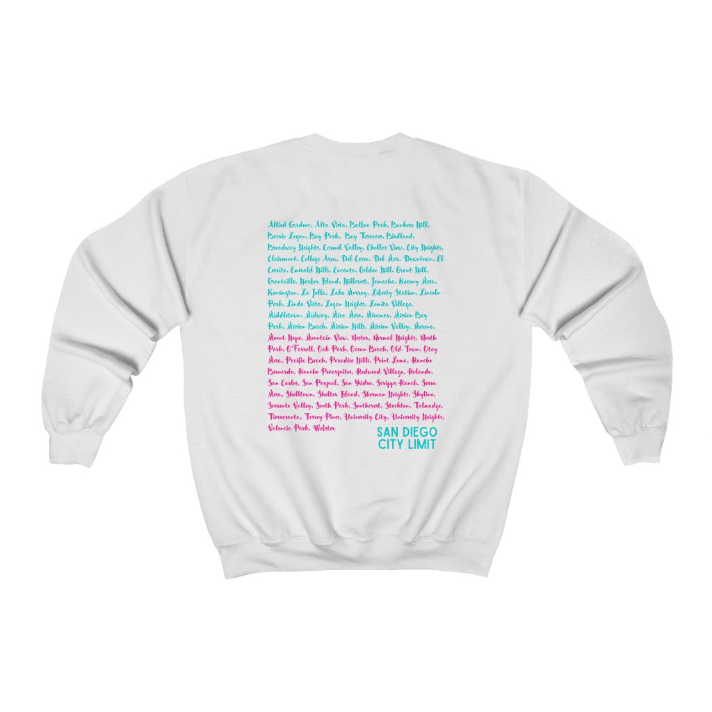 San Diego Neighborhoods Sweatshirt | SD Areas on back (Pink & Teal)