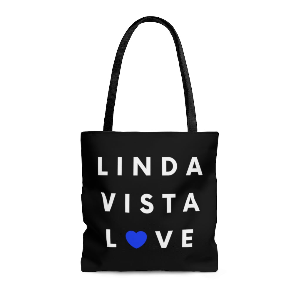 Linda Vista Love Black Tote Bag, Blue