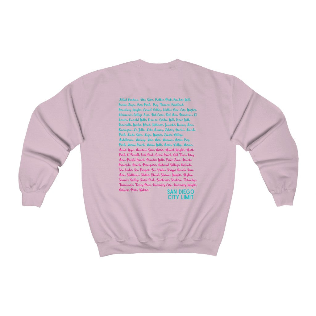 San Diego Neighborhoods Sweatshirt | SD Areas on back (Pink & Teal)