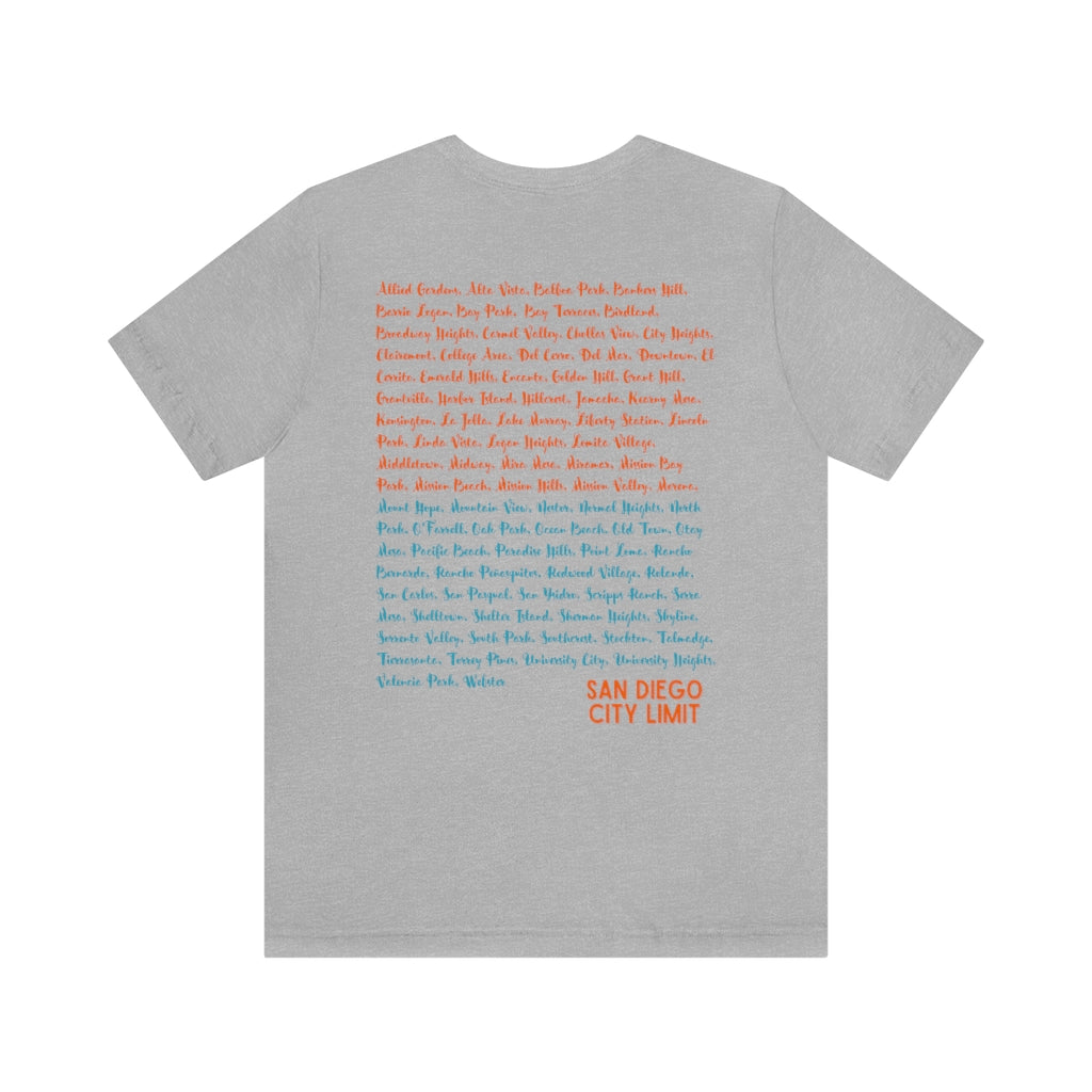 San Diego Neighborhoods Tee | SD Areas on back (Orange)
