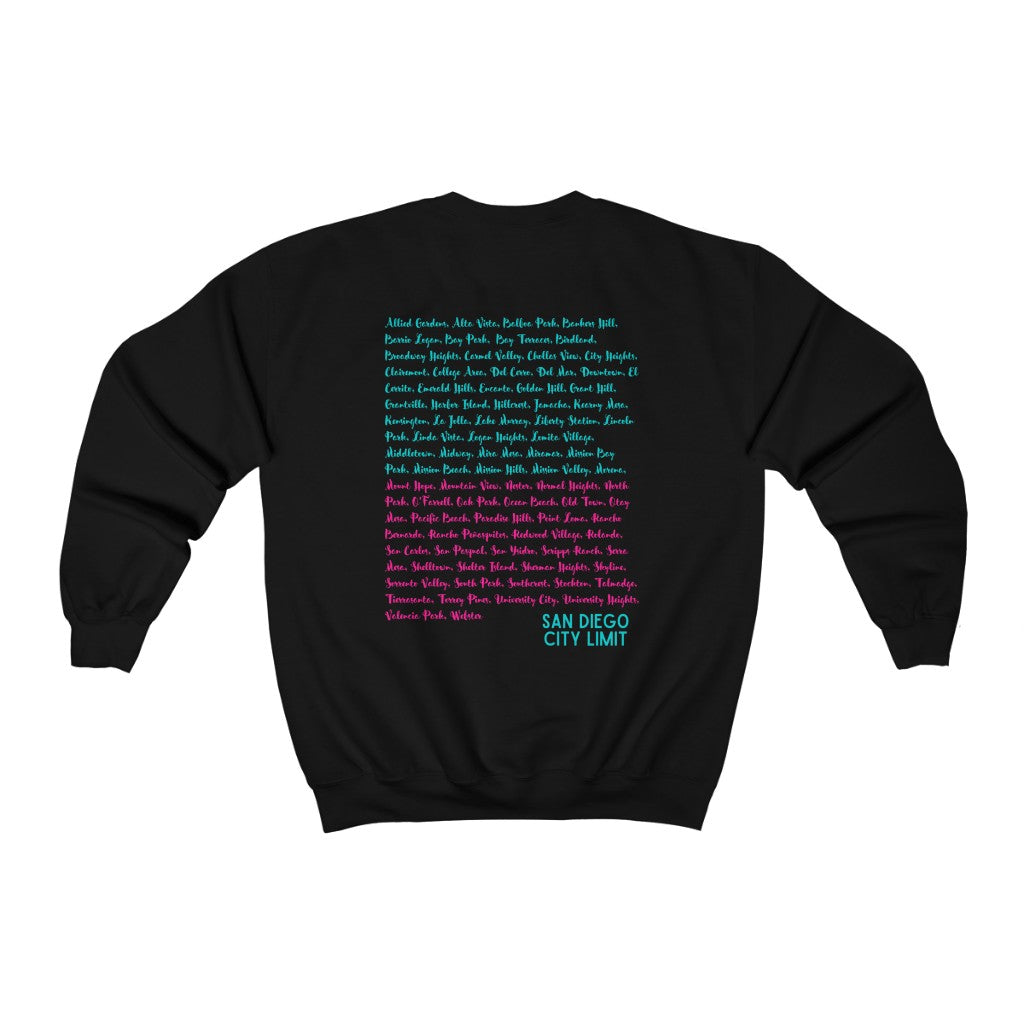 San Diego Neighborhoods Sweatshirt | SD Areas on back (Pink & Teal)