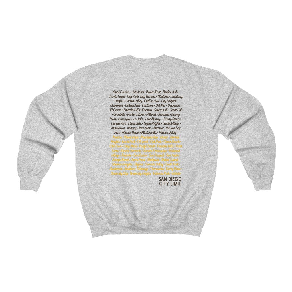San Diego City Limit Sweatshirt | SD Areas on back (Brown)