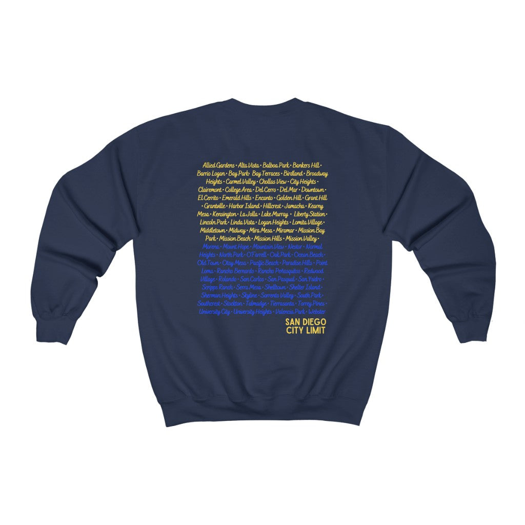 San Diego City Limit Sweatshirt | SD Areas on back (Royal Blue)
