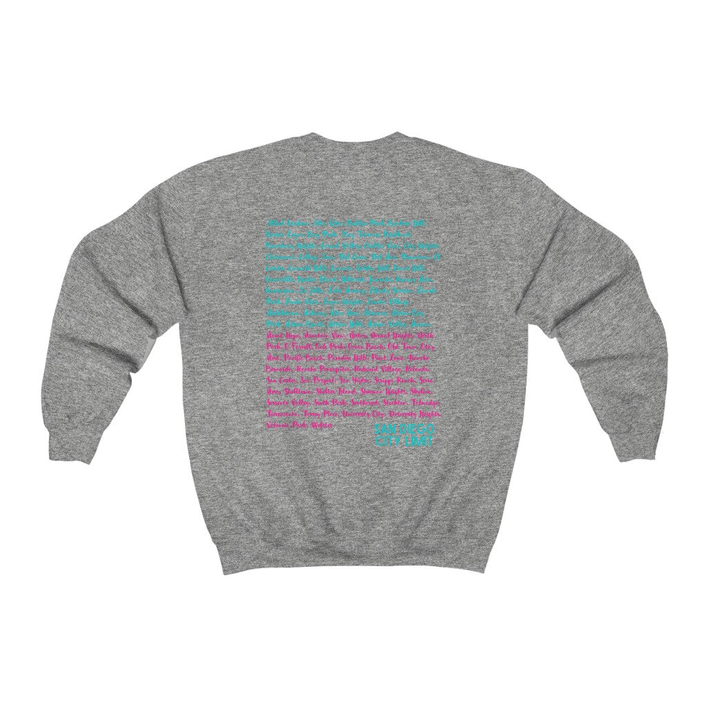 San Diego Neighborhoods Sweatshirt | SD Areas on back (Pink & Teal)