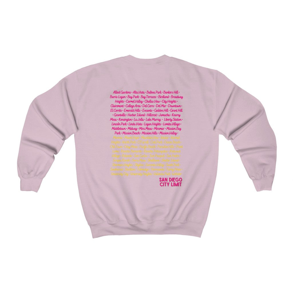 San Diego City Limit Sweatshirt | SD Areas on back (Pink)