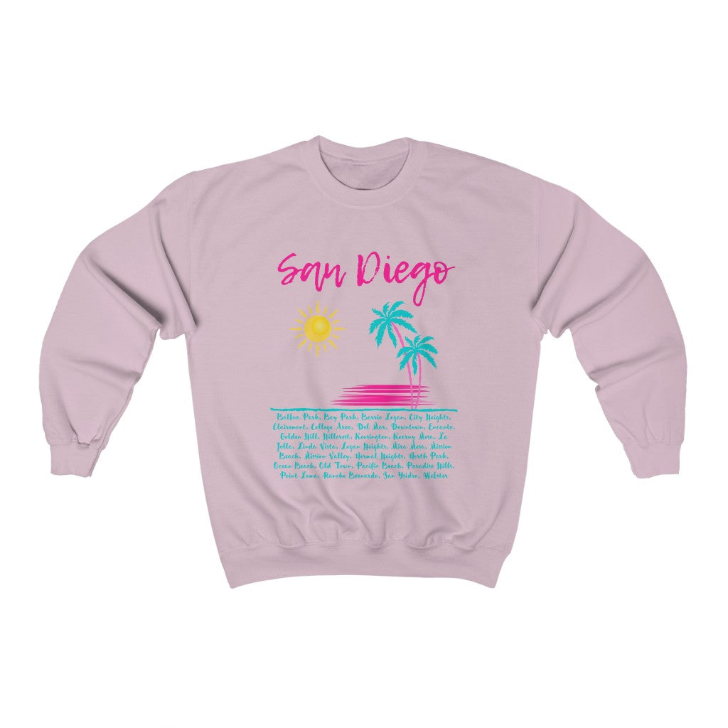 San Diego Neighborhoods Sweatshirt | SD Areas on back (Pink & Teal)