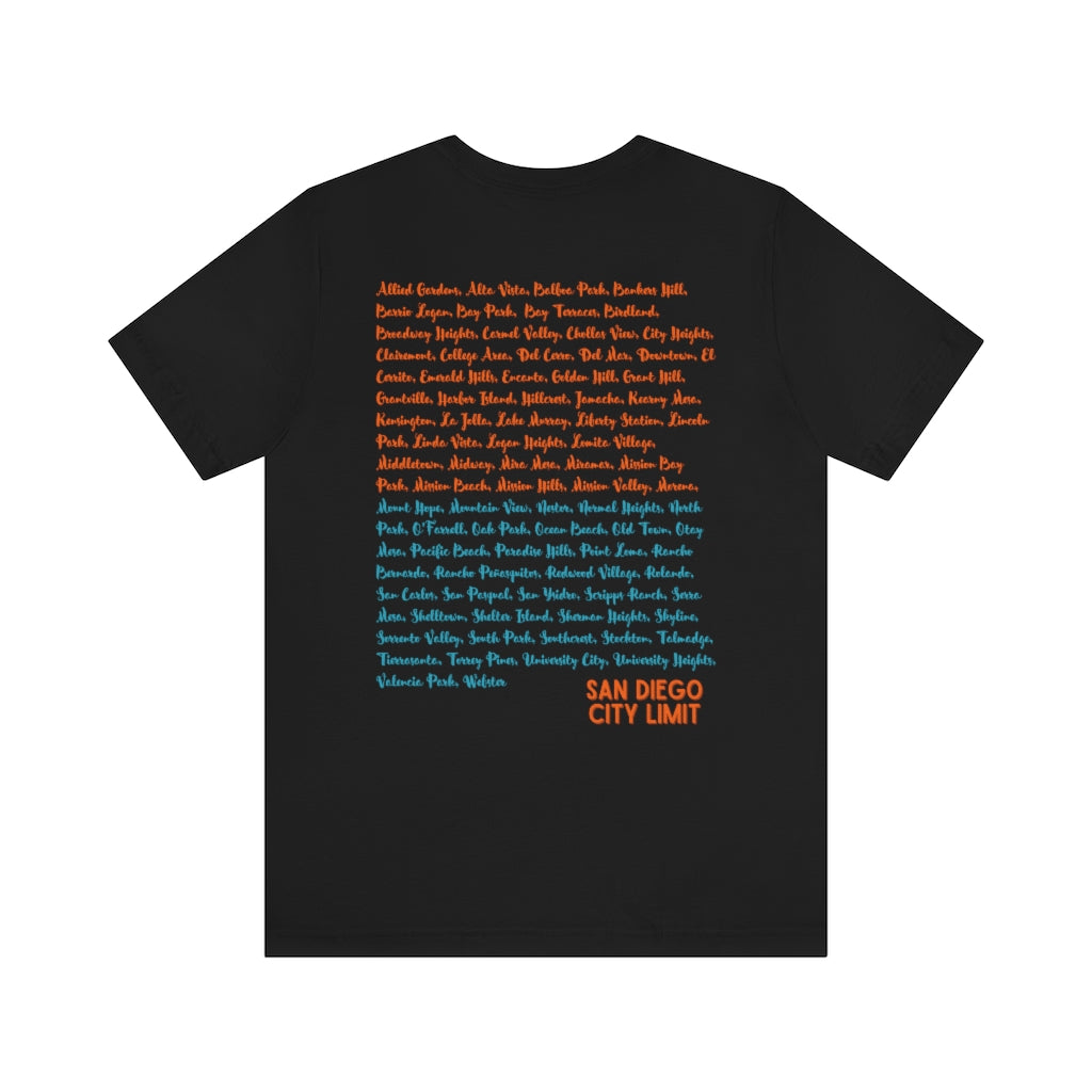 San Diego Neighborhoods Tee | SD Areas on back (Orange)