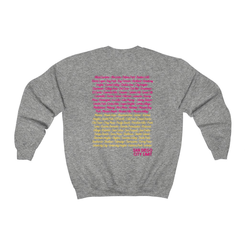 San Diego City Limit Sweatshirt | SD Areas on back (Pink)
