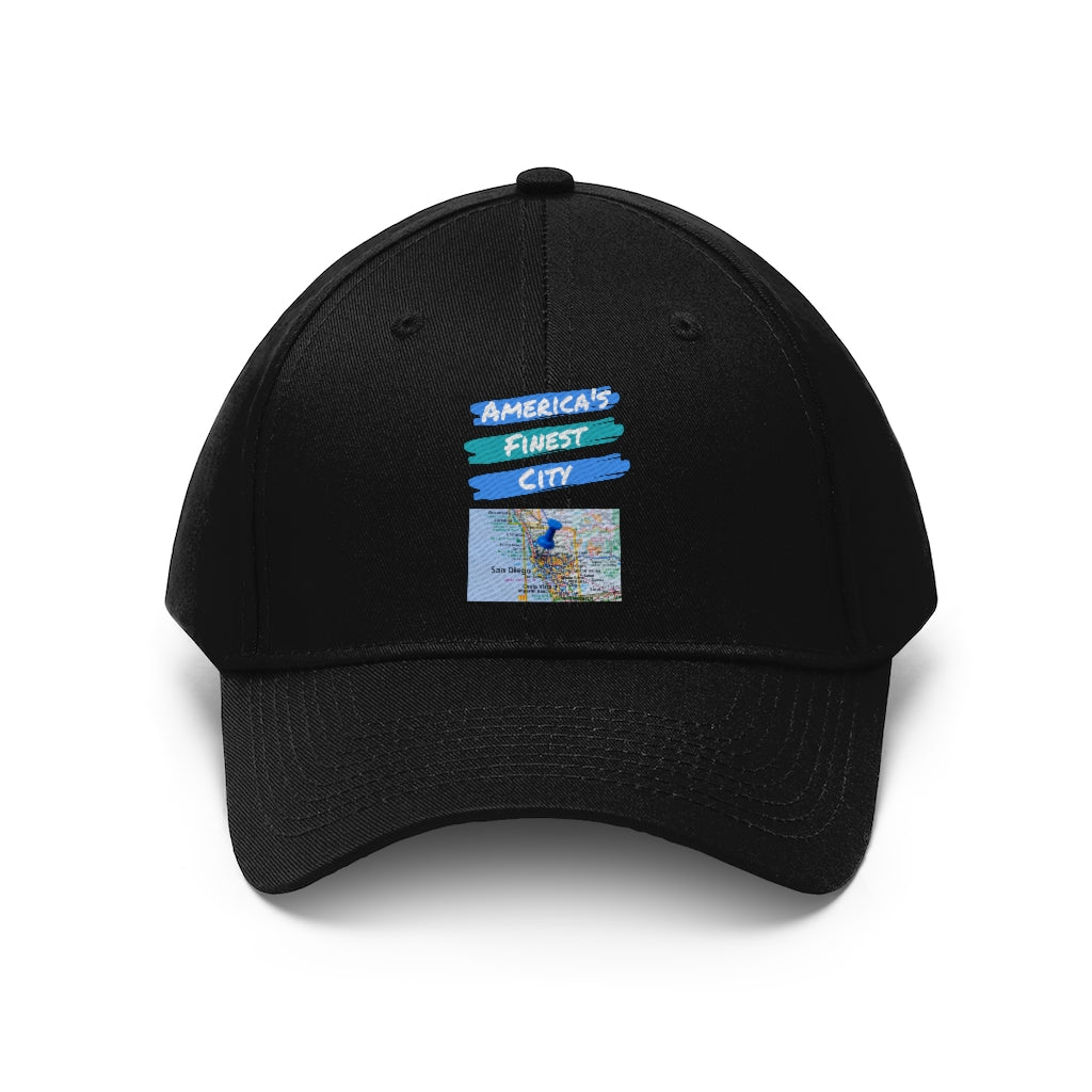 America's Finest City Twill Hat, San Diego Map Cap (Unisex) (Multiple Colors Avail)