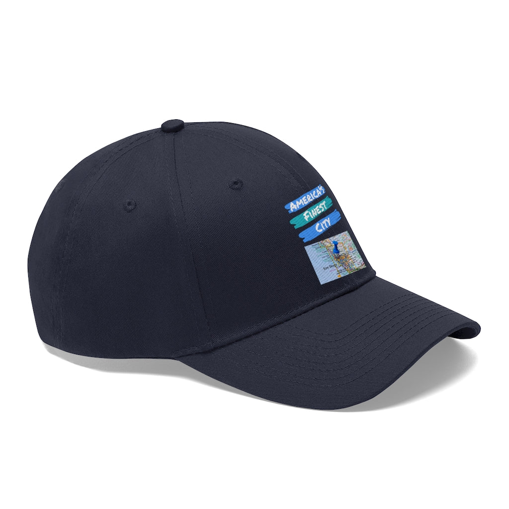 America's Finest City Twill Hat, San Diego Map Cap (Unisex) (Multiple Colors Avail)