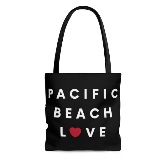 Pacific Beach Love Black Tote Bag, San Diego Neighborhood Beach Bag