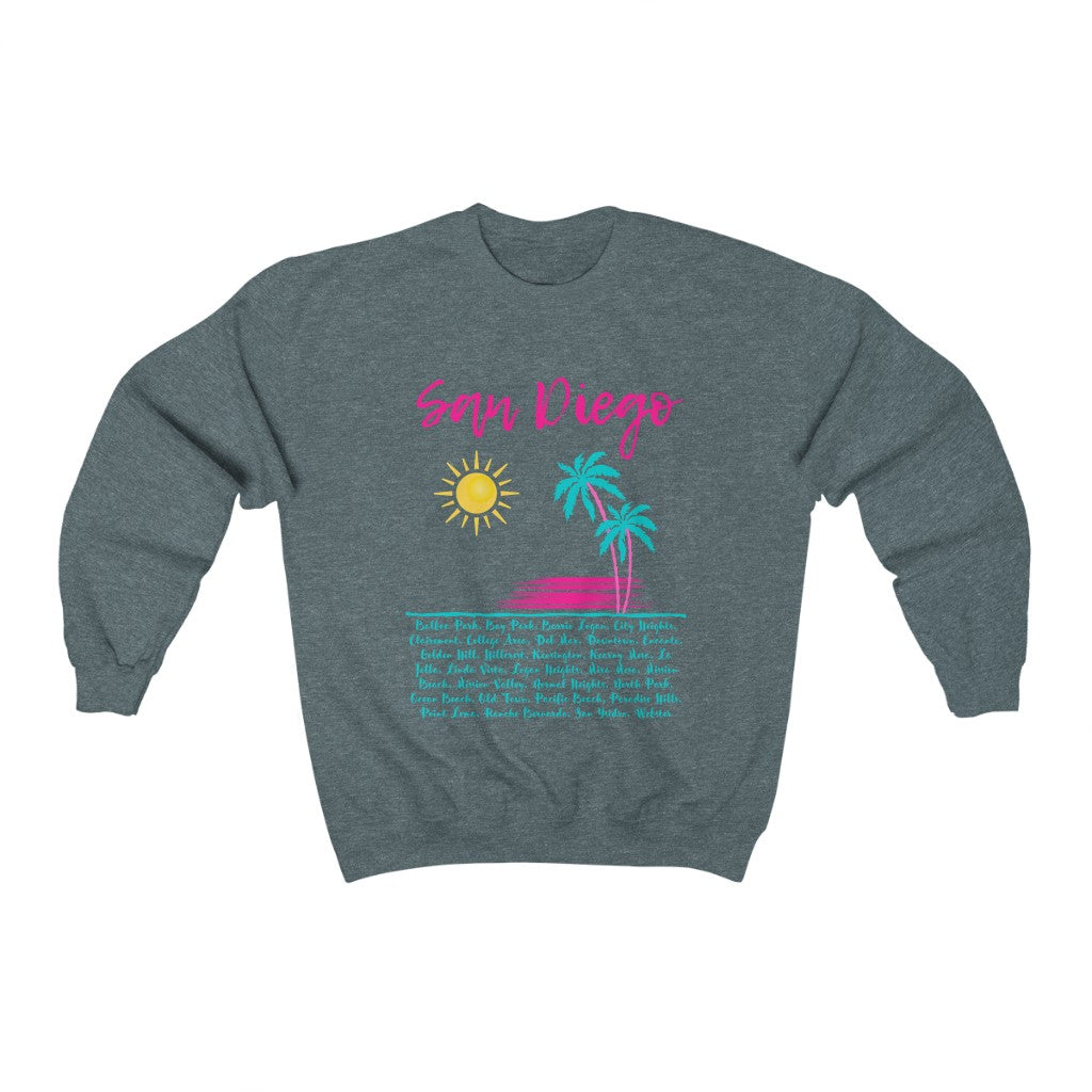 San Diego Neighborhoods Sweatshirt | SD Areas on back (Pink & Teal)