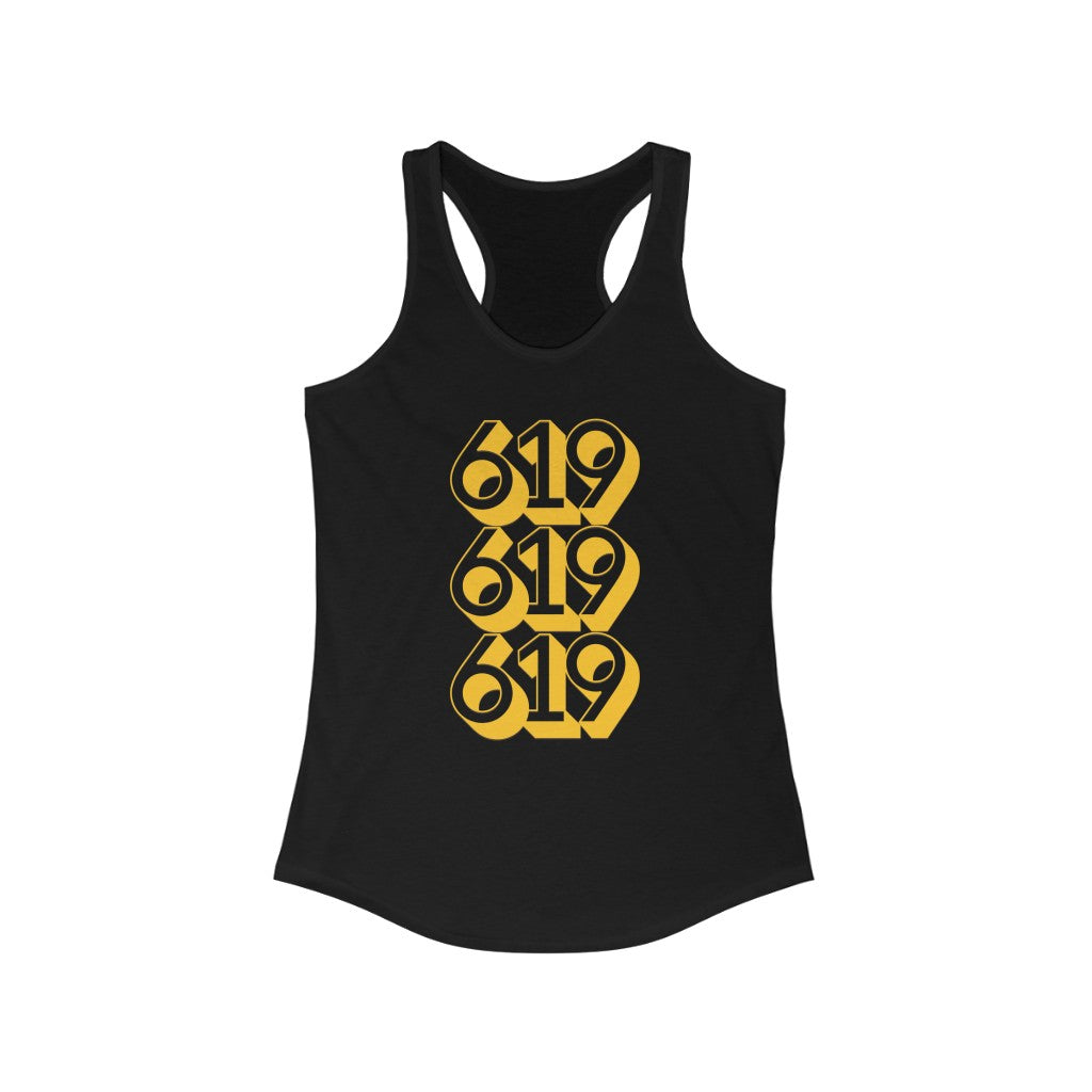 619 Racerback Women's Tee, San Diego Brown and Gold Sleeveless T-Shirt