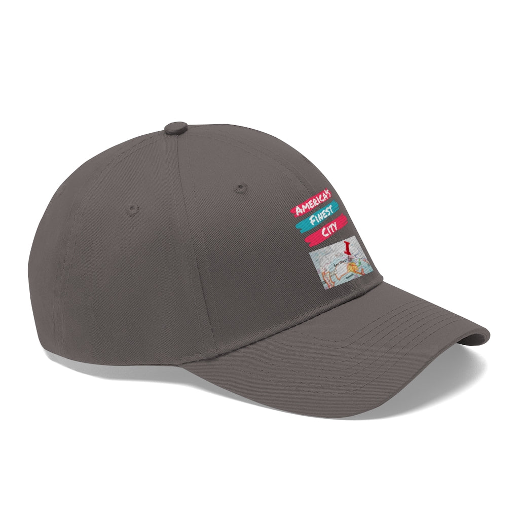 America's Finest City Twill Hat, San Diego Map Cap (Unisex) (Multiple Colors Avail)