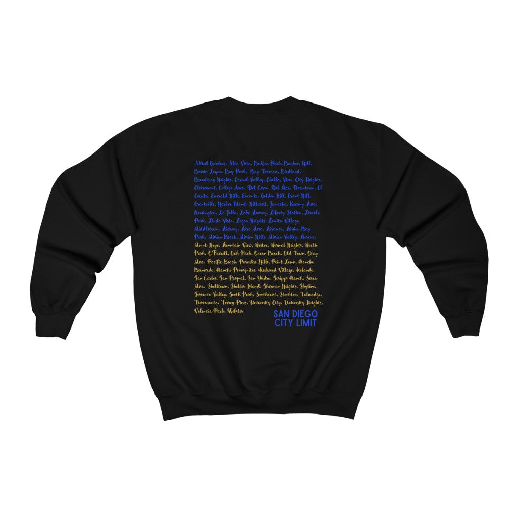 San Diego Neighborhoods Sweatshirt | SD Areas on back (Royal Blue)