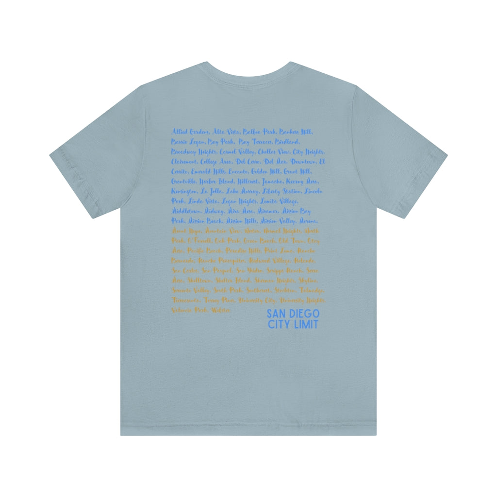 San Diego Neighborhoods Tee | SD Areas on back (Baby Blue)