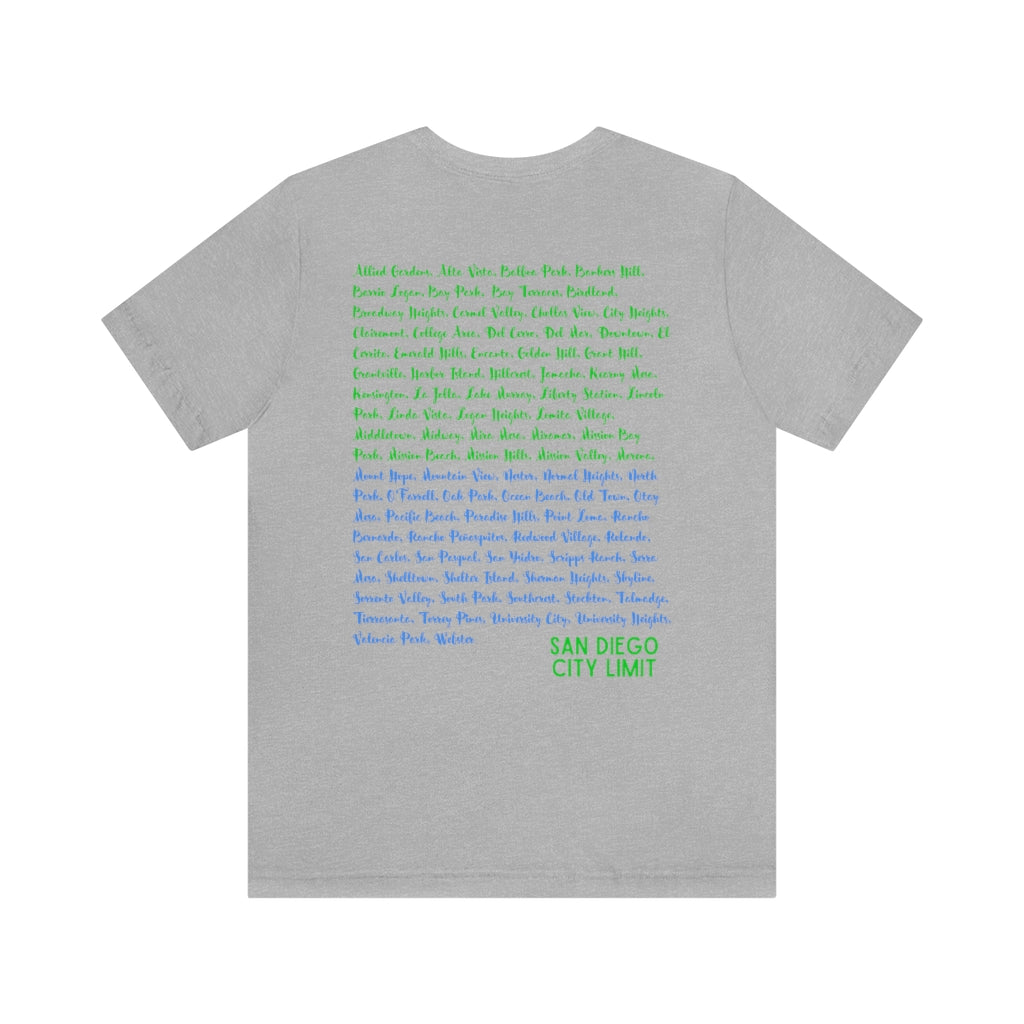 San Diego Neighborhoods Tee | SD Areas on Back (Lime Green)