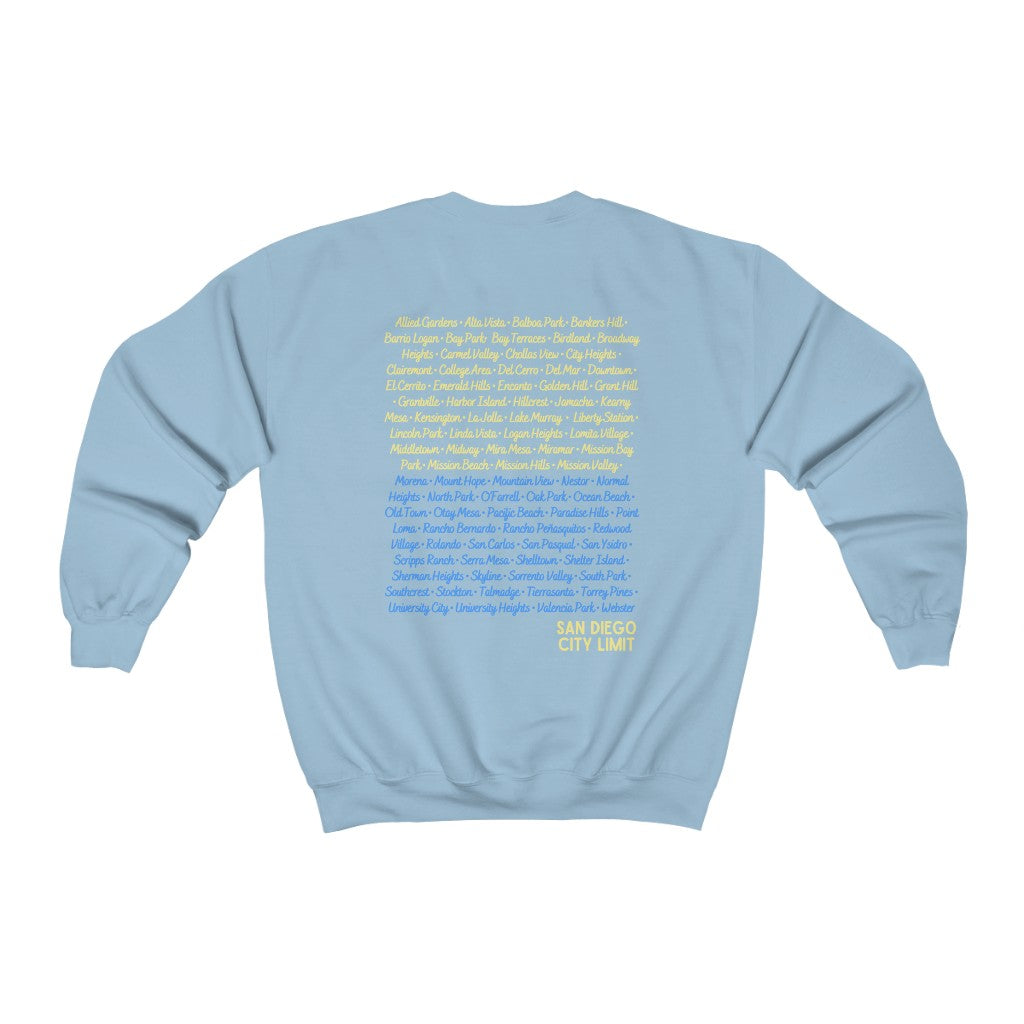 San Diego City Limit Sweatshirt | SD Areas on back (Baby Blue)