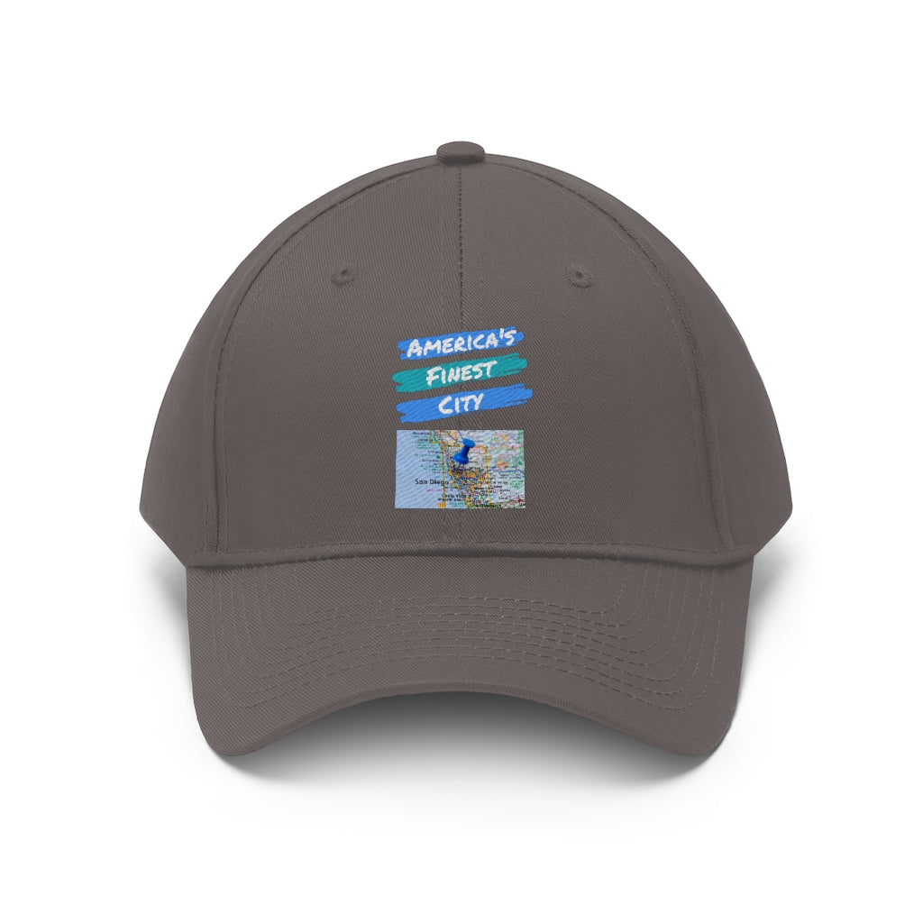 America's Finest City Twill Hat, San Diego Map Cap (Unisex) (Multiple Colors Avail)