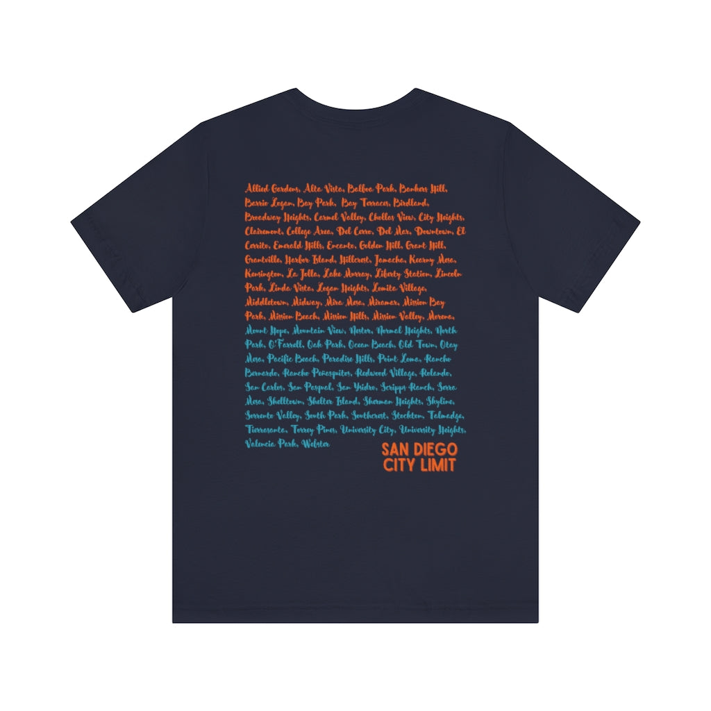 San Diego Neighborhoods Tee | SD Areas on back (Orange)