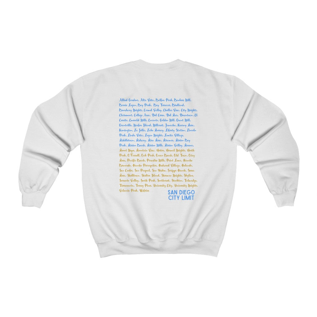 San Diego Neighborhoods Sweatshirt | SD Areas on back (Baby Blue)