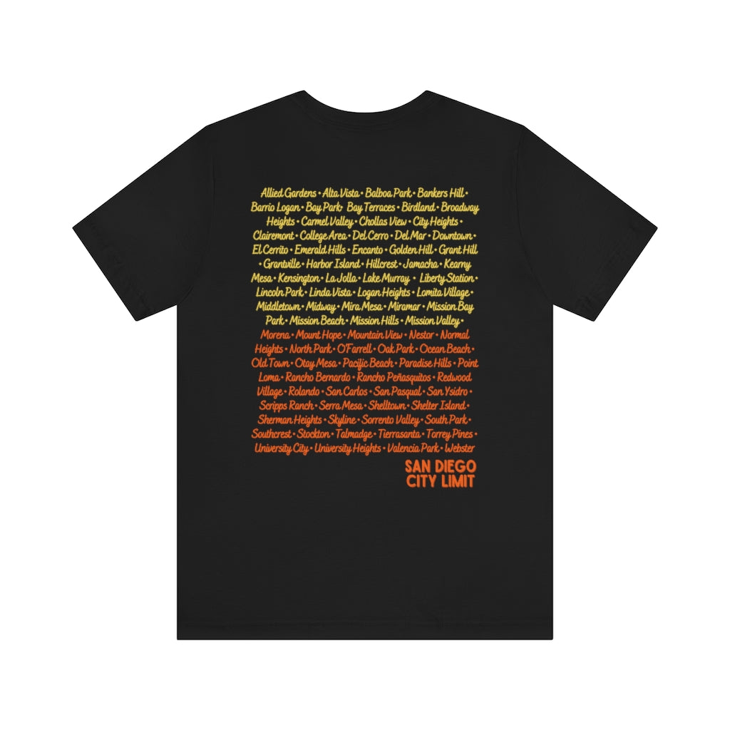 San Diego City Limit T-shirt | SD Tee Areas on Back (Orange)