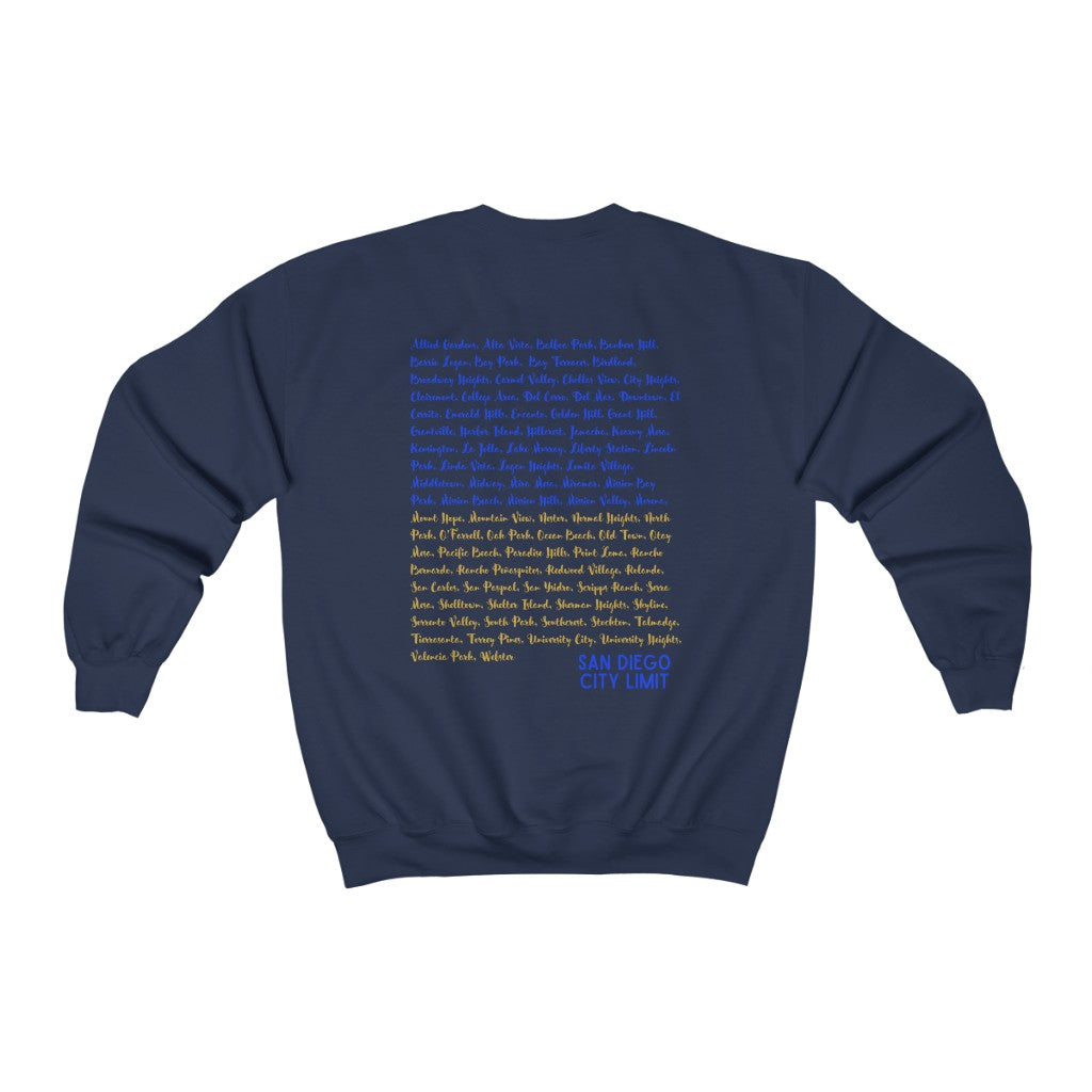 San Diego Neighborhoods Sweatshirt | SD Areas on back (Royal Blue)