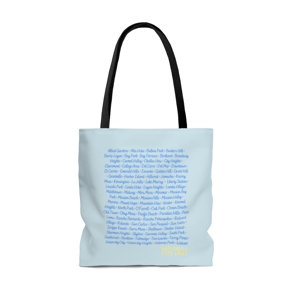 San Diego City Limit Gold Tote Bag | SD Areas (Baby Blue)