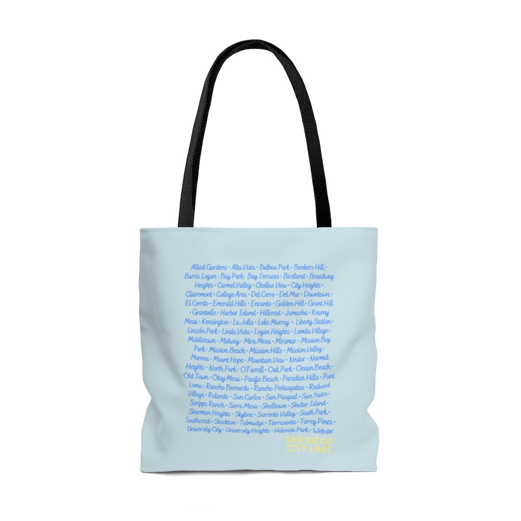 San Diego City Limit Gold Tote Bag | SD Areas (Baby Blue)