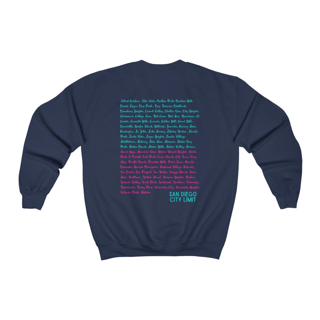 San Diego Neighborhoods Sweatshirt | SD Areas on back (Pink & Teal)