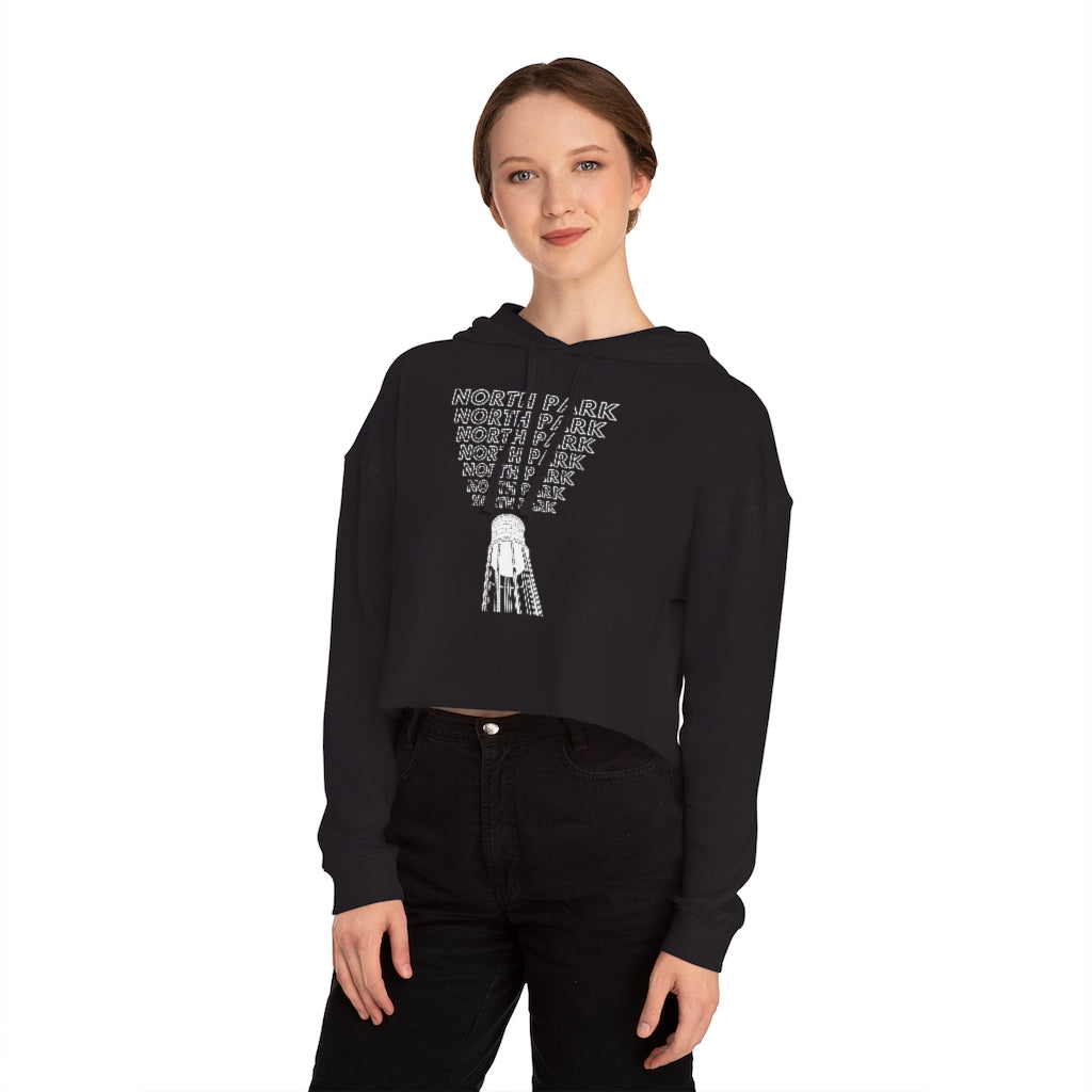 "Yell North Park" Cropped Hoodie, NP Water Tower Women's Hooded Sweatshirt