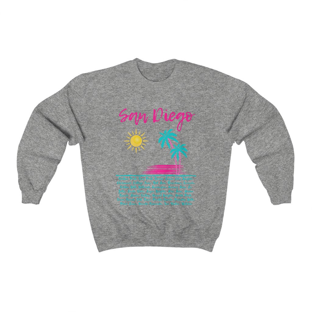 San Diego Neighborhoods Sweatshirt | SD Areas on back (Pink & Teal)