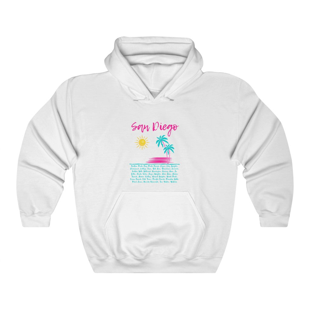 San Diego Neighborhoods Hoodie, SD Areas on back (Pink & Teal)