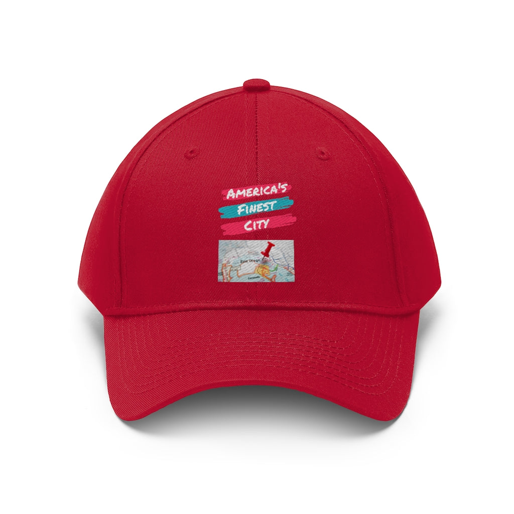 America's Finest City Twill Hat, San Diego Map Cap (Unisex) (Multiple Colors Avail)