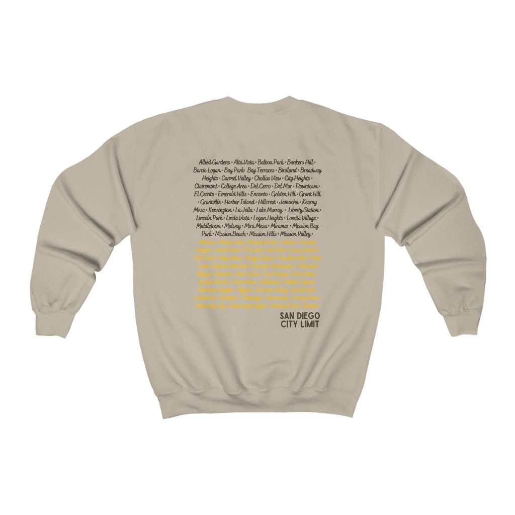 San Diego City Limit Sweatshirt | SD Areas on back (Brown)