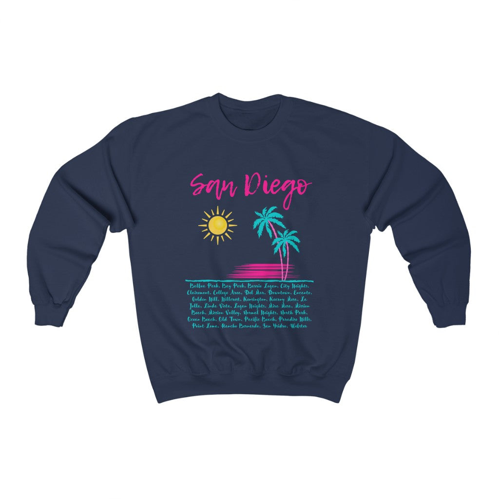 San Diego Neighborhoods Sweatshirt | SD Areas on back (Pink & Teal)