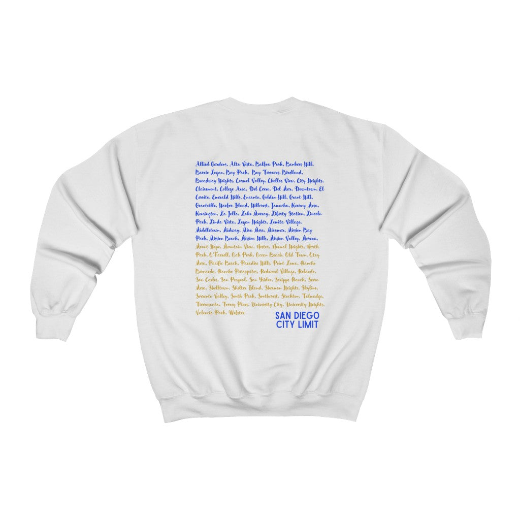 San Diego Neighborhoods Sweatshirt | SD Areas on back (Royal Blue)
