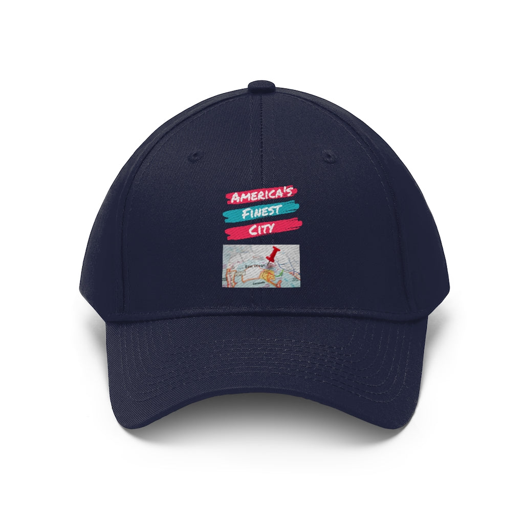 America's Finest City Twill Hat, San Diego Map Cap (Unisex) (Multiple Colors Avail)