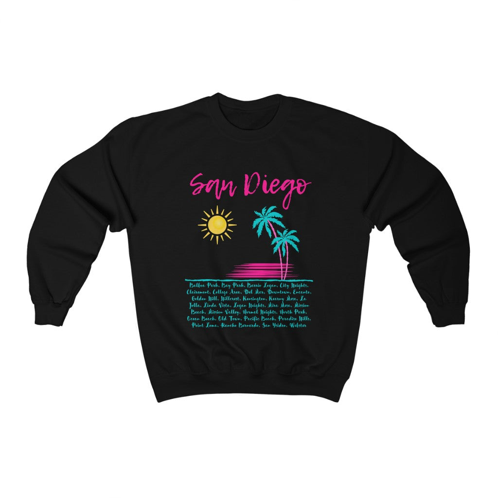 San Diego Neighborhoods Sweatshirt | SD Areas on back (Pink & Teal)